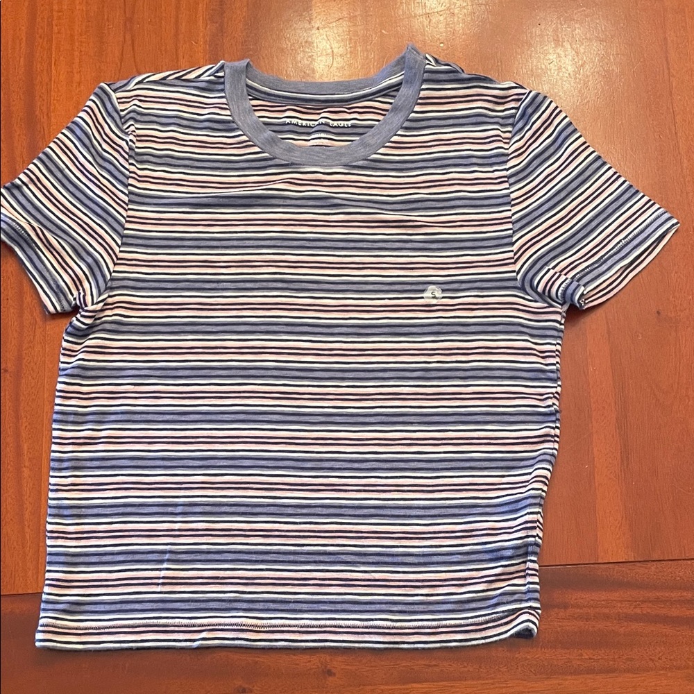 Girls' Striped American Eagle Crewneck Tee - Blue, White & Pink